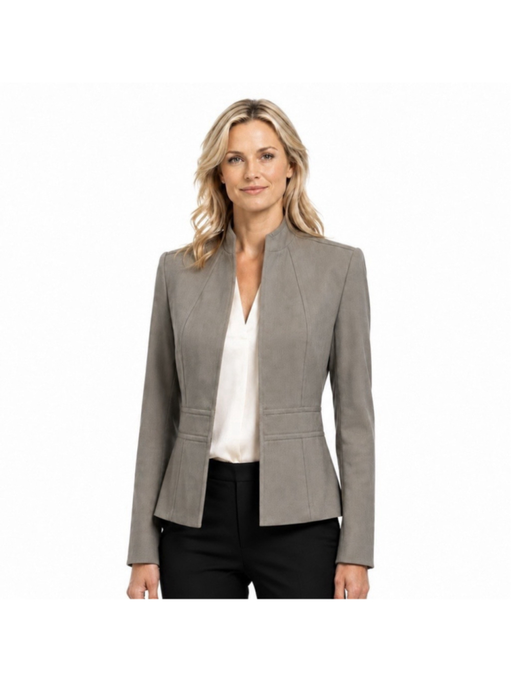 New Calvin Klein Gray Tailored Stand Collar Blazer Jacket Size:4 Open Front